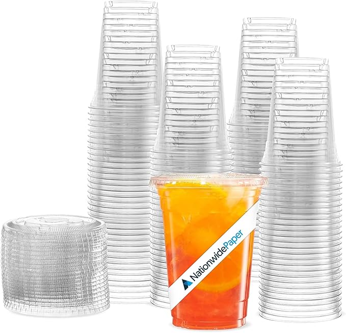 16oz Crystal Clear Smoothie Cups with Flat lids, Perfect for Iced Coffee, Milkshake, Slurpee, Ice Cream, Razzle, Slush, Smoothy, Party's Pack of 50