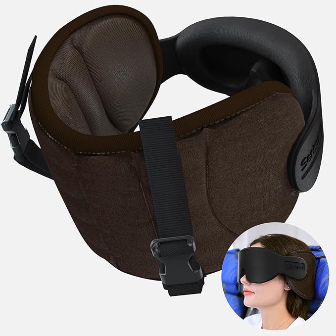 Travel Pillow for Airplane, Plane Pillow with 3D Eye Mask for Sleeping, 360°Support Airplane Head Strap for Long Flight, Stop Bobblehead, Travel Essential, Brown