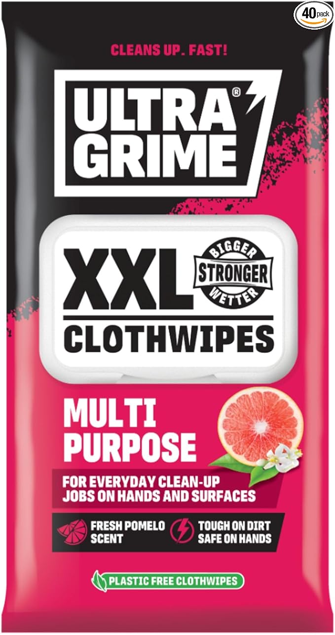 UltraGrime Multi-Purpose Pomelo XXL+ Biodegradable Cleaning Wet Wipes - Plastic Free Pomelo Scented Indoor Dirt & Grime Wipes - Multi-Purpose Heavy-Duty Cleaning Cloths (40 Thick Large Wipes)