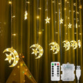 Jsdoin Christmas LED String Lights 3.5M LED Stars Moon Curtain Lights Christmas String Fairy Lights with USB+Battery-Powered and 8 Flashing Modes for Ramadan Christmas, Wedding Decoration (Warm White)[Energy Class A+++]