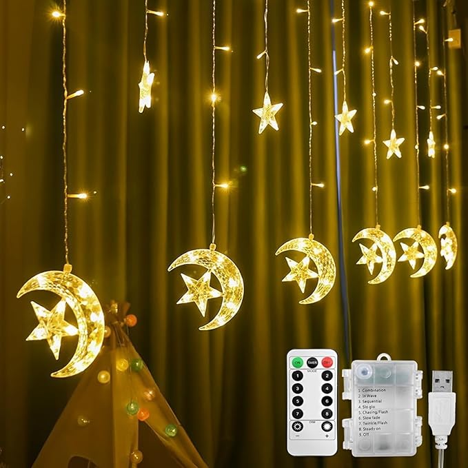 Jsdoin Christmas LED String Lights 3.5M LED Stars Moon Curtain Lights Christmas String Fairy Lights with USB+Battery-Powered and 8 Flashing Modes for Ramadan Christmas, Wedding Decoration (Warm White)[Energy Class A+++]