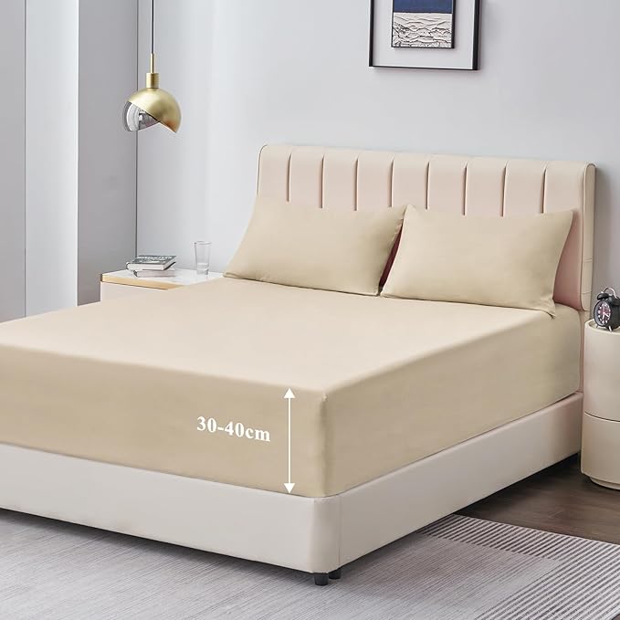Aisbo King Size Fitted Sheet Khaki - Extra Deep Pocket Bed Sheet 16 inch 40 cm - Microfiber Bottom Sheet, 150x200cm