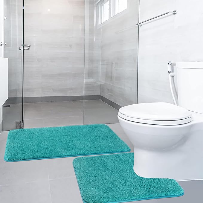 Non-Slip Bath Mat Set of 2, Luxury Thick Microfiber Shaggy Bathroom Rugs, 50 X 80 CM Soft Plush Shower Mat & 50 X 50 Toilet Pedestal Carpet, Machine Washable, Absorbent, Turquoise