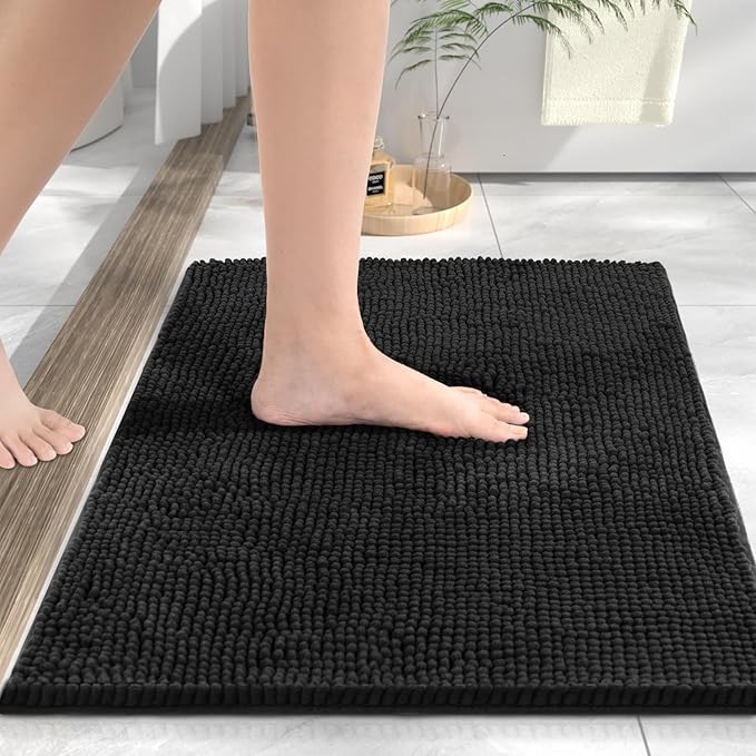 HITSLAM Chenille Bath Mat Non Slip Anti Mould, 60x40cm Ultra Soft Bathroom Mat, Super Absorbent Bath Mats for Bathroom, Machine-Washable Quick Dry Bath Foot Mat, Bath Rug for Shower and Tub, Black