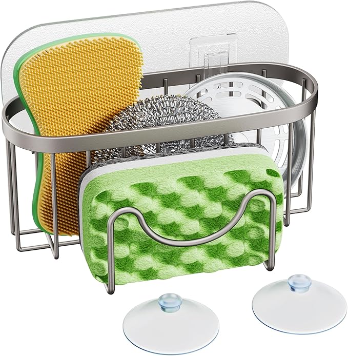 HapiRm Multifunctional Sink Sponge Holder with Unique M-shaped, Two Installation Ways Tidy Caddy, Stainless Steel Sink organizer for Sponge, Brush, Stopper and Scraper -Brushed Nickel
