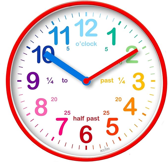 Acctim Wickford Kids Teaching Wall Clock Quartz Rainbow Dial Quarter Markers Red 20cm 22524