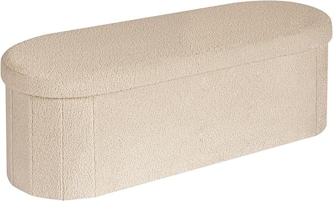 Bonlife Ottoman Storage Bench,Folding Boucle Footstool Oval, End of Bed Stool, Ideal for Living Room, Bedroom, 100L Storage Space,Beige,110x38x38cm