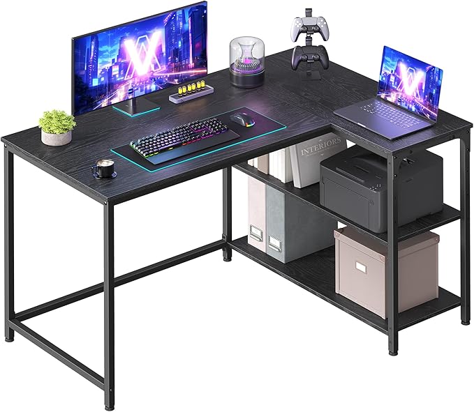 VASAGLE L Shaped Corner Desk, Computer Gaming Desk with Storage, Reversible Height-Adjustable Shelves, for Home Office, 110 x 80 cm, Ebony Black LWD135BE01