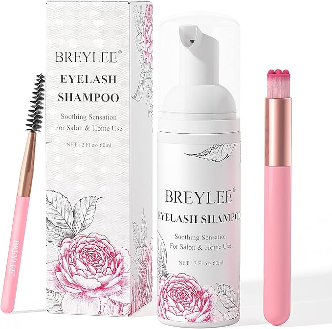 Eyelash Extension Cleanser, BREYLEE Eyelash Shampoo Eyelash Extension Foam & Brushes Eyelid Cleanser for Makeup Remover Paraben & Sulfate & Oil Free for Salon and Home Use
