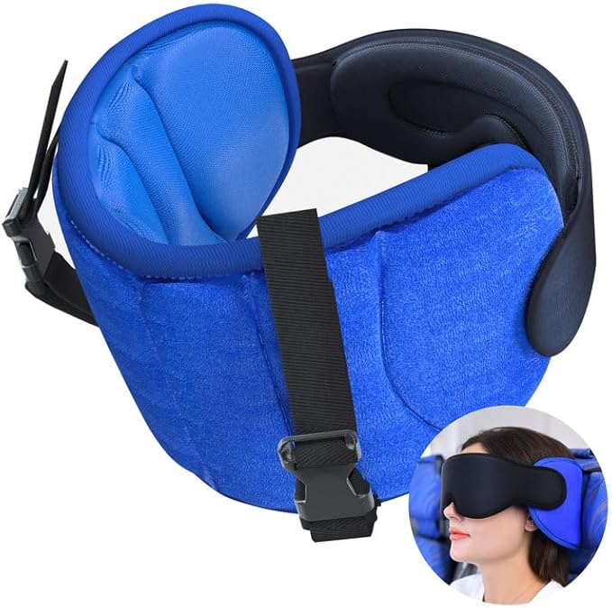 Travel Pillow for Airplane, Plane Pillow with 3D Eye Mask for Sleeping, 360°Support Airplane Head Strap for Long Flight, Stop Bobblehead, Travel Essential, Blue