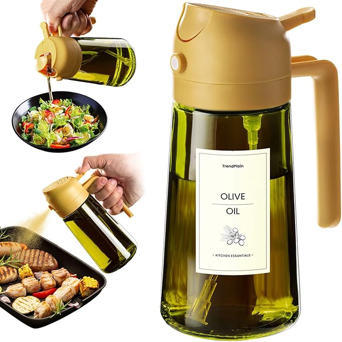 TrendPlain 470ml Olive Oil Spray Bottle - 2 in 1 Olive Oil Dispenser Bottle for Kitchen Accessories - Kitchen Gadgets, For Air Fryer - with Stickers, Light Blocking - Yellow