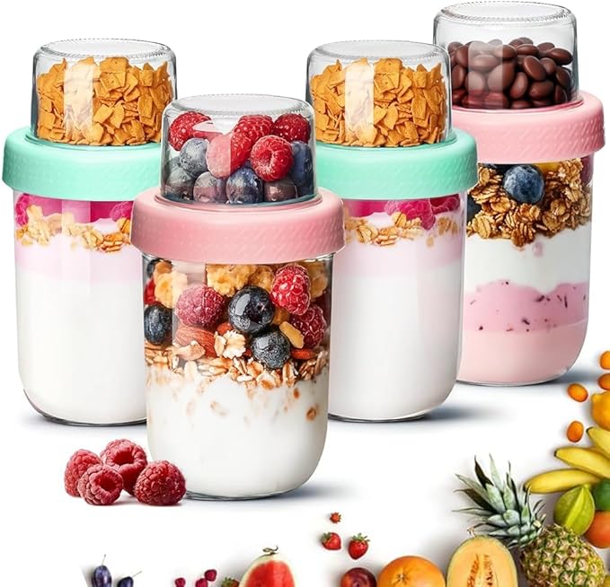 ComSaf Overnight Oats Jar with Lids 480+120mL, 4 Pack Glass Overnight Oats Container, Dual-Layer Yoghurt Pots for Dry-Wet Separation, Breakfast Pots for Yogurt Cereal Fruit, Glass Mason Jars for Salad