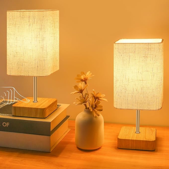 Touch Control Table Lamp, Dimmable Nightstand Lamp, Bedside Touch Lamp with Wood-Grain Base ＆ Beige Fabric Shade for Bedroom, Living Room, Children's Room, Bulb Included, 2Pack[Energy Class F]