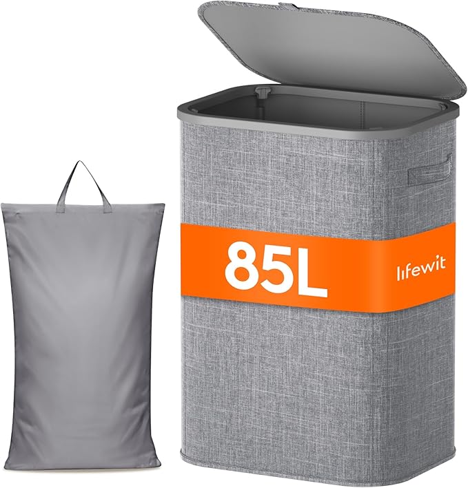 Lifewit 85L Laundry Basket with Lid, Large Laundry Hamper with Plastic Handles and Removable Bag, Foldable Tall Dirty Clothes Hampers for Laundry for Laundry Room, Bedroom, Bathroom, Dorm, Light Gray