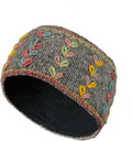 Women Wool Ear Warmer Headband Fleece Lined Handknitted Flower Embroidered Grey One-Size Handmade Pachamama Fair Trade