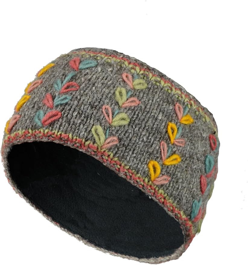 Women Wool Ear Warmer Headband Fleece Lined Handknitted Flower Embroidered Grey One-Size Handmade Pachamama Fair Trade