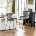 Modern Velvet Bar Stools Set of 2, 70cm Seat Height Barstools with Quilted Backrest, Gold Metal Legs and Footrest, Stools for Kitchen Island, Breakfast Counter, Home Bar, Counter Height, Grey