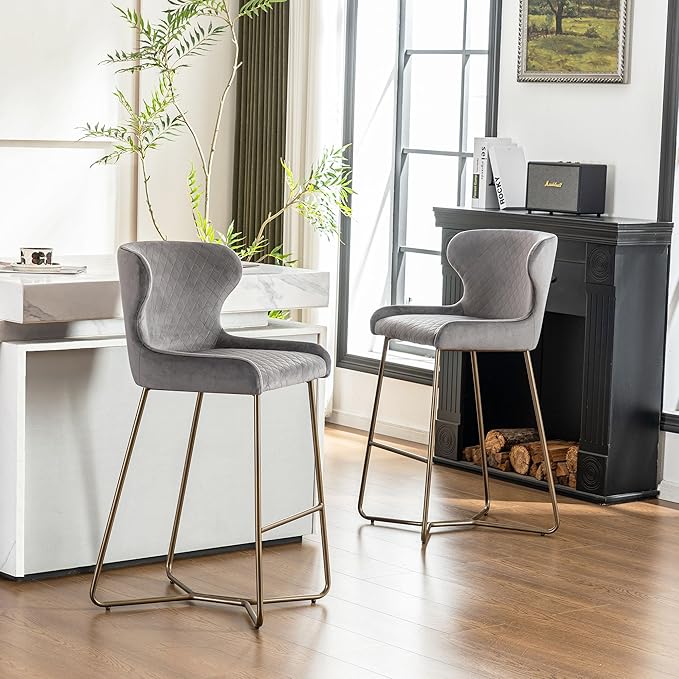 Modern Velvet Bar Stools Set of 2, 70cm Seat Height Barstools with Quilted Backrest, Gold Metal Legs and Footrest, Stools for Kitchen Island, Breakfast Counter, Home Bar, Counter Height, Grey