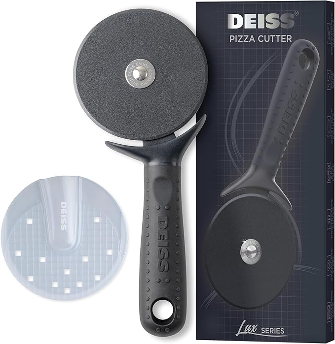 Deiss Lux Heavy Duty Pizza Cutter with Wheel Slicer- Stainless Steel Sharp Smooth Pizza Cutter Wheel with Easy Grip Non-Slip Handle, Dishwasher Safe (Black)
