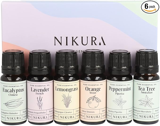 Nikura Starter Kit Essential Oil Gift Set - 6 x 10ml | Essential Oil for Diffuser for Home, Aromatherapy, Strong Fragrance, Sleep | Eucalyptus, Lavender, Lemongrass, Sweet Orange, Peppermint, Tea Tree