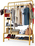 Heavy Duty Clothes Rail, 120KG Gold Metal Rack With Double Hanging Clothing Rail, Shoe Rack, Storage Shelves & 4 Coat Hooks, Wardrobe Clothes Rails For Bedroom Office