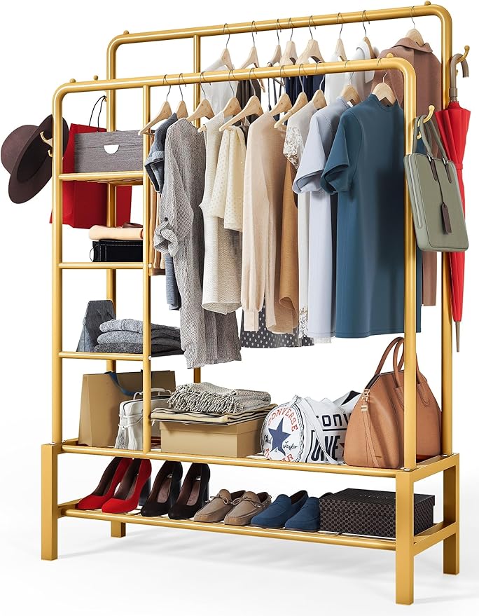 Heavy Duty Clothes Rail, 120KG Gold Metal Rack With Double Hanging Clothing Rail, Shoe Rack, Storage Shelves & 4 Coat Hooks, Wardrobe Clothes Rails For Bedroom Office