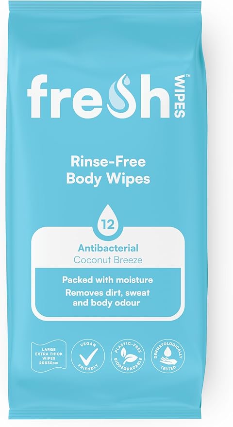 FreshWipes Antibacterial Body Wet Wipes For Adults 1 Pack (12 Wipes) - Coconut Breeze - Extra Large Biodegradable - Dermatologically Tested & Suitable for the Elderly or Disabled - Great for Camping