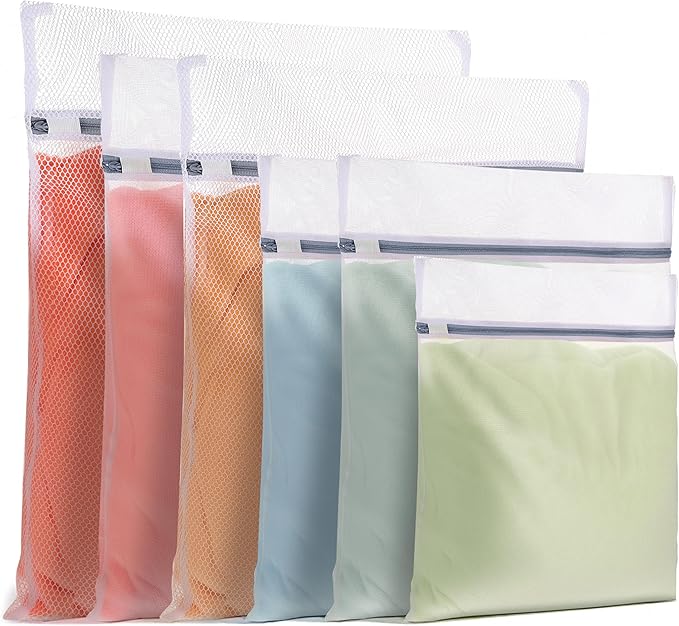 6 PCS Mesh Laundry Bags with Zips, Large Fine Laundry Bags for Washing Machine Reusable Washing Bags for Laundry Wash Bags for Clothes, Socks, Underwear, Bra (60x50cm/50x40cm/40x30cm/30x20cm, White)
