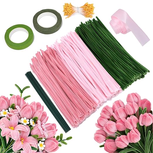Pipe Cleaners Craft Kit 300PCS – 30cm Chenille Stems with Flower Stems, Stamens, Floral Tape & Ribbon for DIY Flowers, Kids Crafts & School Projects, Handmade Gift