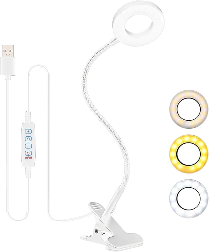 Desk Lamp Clip On Clamp Light & Clip Lights 3 Light Mode 10 Dimmable Brightness Eye Caring Book Adjustable for Reading Studying Working Video Conference Lighting - White