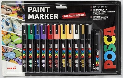 Posca - Standard PC-5M Acrylic Paint Pens (12pc), Multi Surface Markers for Windows, Glass, Graffiti, Fabric, Rock Painting, Canvas, Wood, Metal, Fabric, Colouring, Arts & Crafts