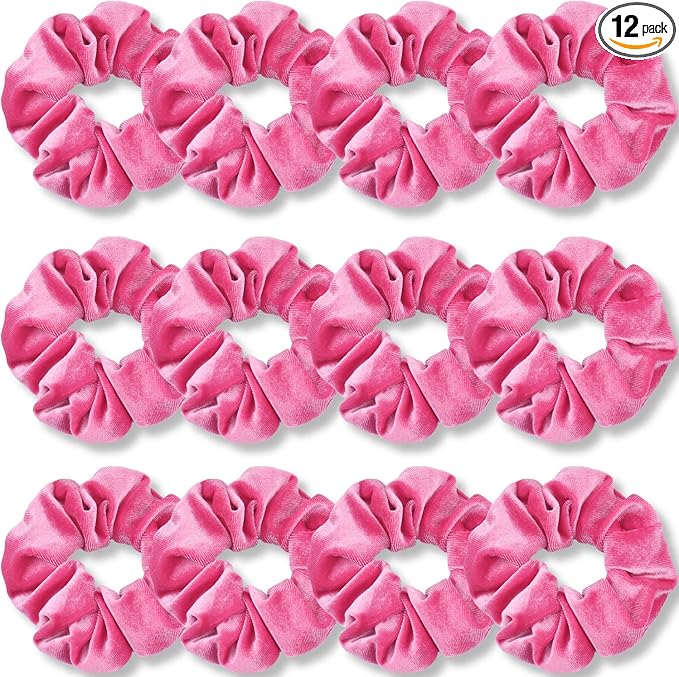 VENUSTE Bubble Pink Scrunchies, Premium Velvet Scrunchy for Hair, Solid Colors Thick Hair Bands, Soft Ropes Ponytail Holder Hair Accessories for Women and Girls, 12 Pack