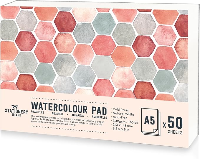 STATIONERY ISLAND Watercolour Paper A5 Pad, 50 Sheets - Natural White 300gsm Glue Bound, Cold-Pressed Texture, Watercolour Sketchbook for Painting, Drawing and Mixed Media