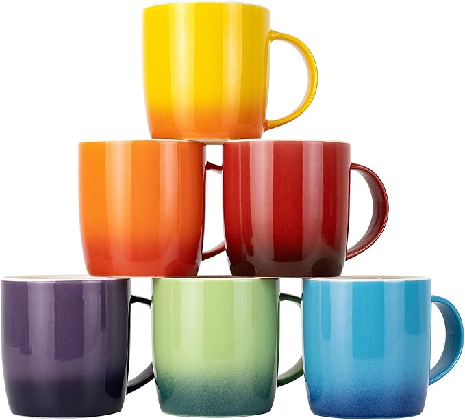 simpa Multi-Coloured Rainbow Stoneware Mugs – Set of 6 Gradient Colour Coffee & Tea Cups – 350ml