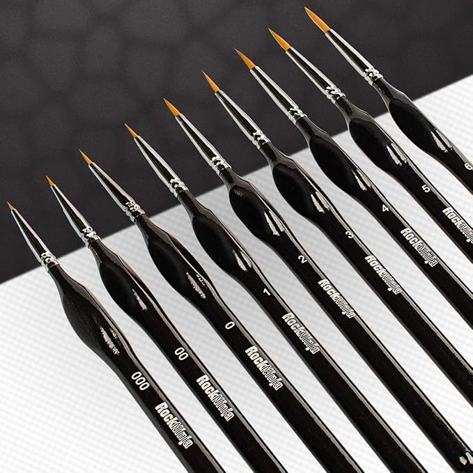 Detail Paint Brush Set, Rock Ninja 9pcs Thin Brushes for Fine Detailing & Art Painting - Acrylic,Watercolor, Oil Miniatures, Scale Models, Airplane Kits, Nail, Line Drawing (Black)