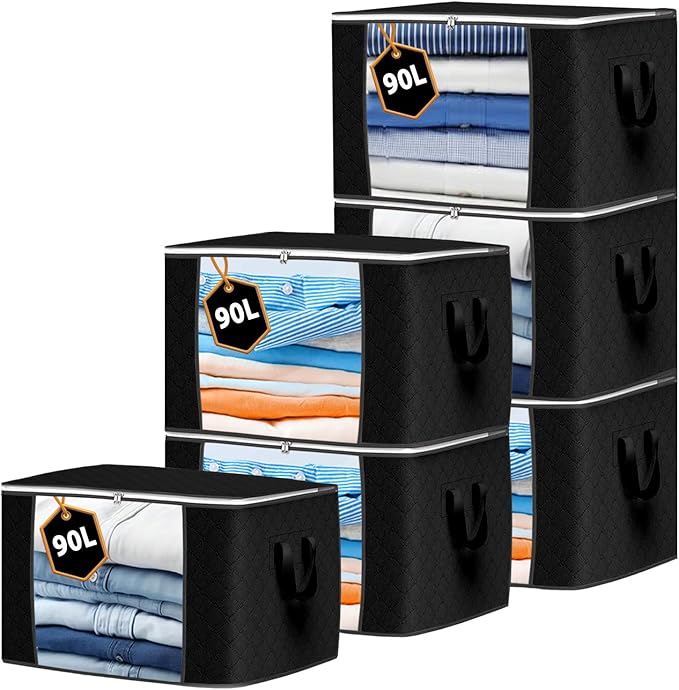 Storage Bags Clothes Organizer 6 Pack Black, Large Moving Boxes With Top Lid 90L Capacity, 3 Sided Zipper Storage Box. Dust/Mites & Moisture Proof 60 x 43 x 35cm