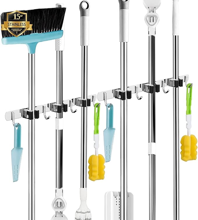 AceMining 3 Holders+4 Hooks 2 Pack Broom Holder Wall Mounted with Nails Installation, Heavy Duty Stainless Steel Mop Holder, Brush Mop and Broom Storage Self Adhesive