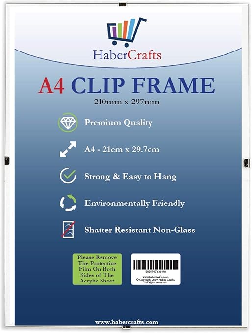 Clip Frame A4 Size Frameless Picture Frame Photo Poster Certificate with Crystal Clear Non Glass Shatter Resistant Safety Styrene Perspex Ready to Use (A4 Size - 210mm x 297mm – Pack of 1)