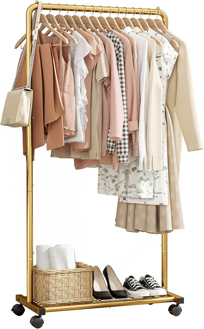 Clothes Rail - Movable Clothes Rack with Bottom Shoes Shelf, Heavy-Duty Clothing Rail for Hanging Clothes, Coats, Dresses, Clothes Rail for Bedroom, Closet, Laundry (Gold, 72x36x149cm)