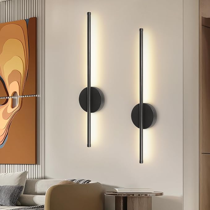 Rechargeable Wall Sconce Lights, Battery Operated Wall Lights 3 Color Temperature, Wall Lamp Dimmable Wireless with Remote Control Black 60CM for Living Room Bedroom Hallway, 2 Pack[Energy Class E]