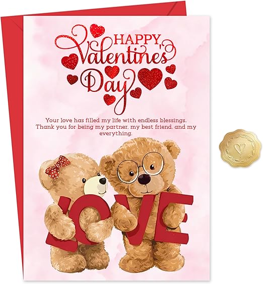 Happy Valentines Day Card – Cute Teddy Bear Design with Romantic Message – Red Foil Large Size card 22 x 15.5 cm – Valentines Card Wife, Valentines Card for Him, Her, Husband, or Fiancé – Premium 350
