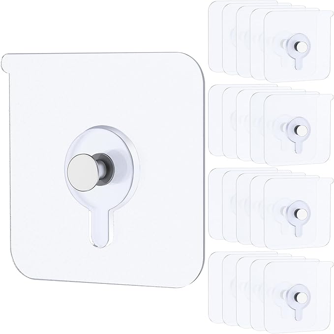 Uniclife 20 Pcs Adhesive Picture Hooks 15 kg Max 5.6 cm Load Heavy Duty Picture Hangers Without Nails Wall Hooks for Hanging Transparent Waterproof Frame Hangers Sticky Hooks for Bathroom Kitchen