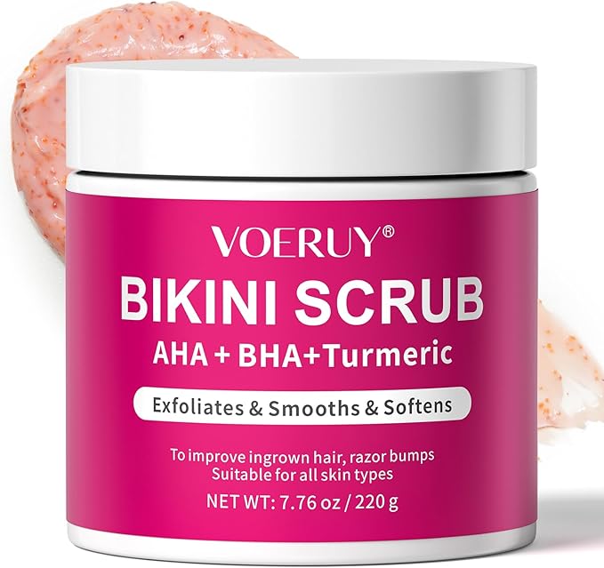 Bikini Scrub with 10% AHA+BHA and Turmeric for Bikini Underarm Area, Removes Ingrown Hairs and Shaving Bumps, Moisturizes and Nourishes Skin, Evens Skin Tone, Exfoliates, 220g