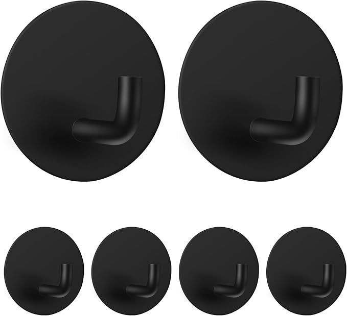 6 Pack Adhesive Hooks, Black Heavy Duty Towel Hook Stick On Hooks Wall for Bathrooms Door Hook Hangers Coat Hooks for Kitchen Home (Black)