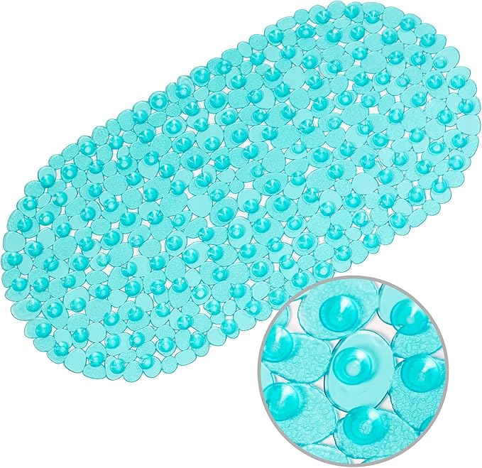 WELTRXE Bath Mats Non Slip Shower Mat, Anti-Mould Anti Slip Bathtub Mat Frosted Pebble PVC Oval Bathroom Mat with Grip Suction Cups & Drain Holes, Machine Washable, Aqua, 69 x 36 cm