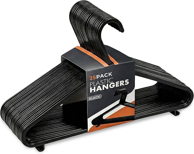 Plastic Coat Hangers, 25 Pack - Adult Black Strong Clothes Hangers For Clothes, Durable With Hooks For Space-Saving, Lightweight, Non-Slip, Slim Design For Trousers, Shirts & Suits