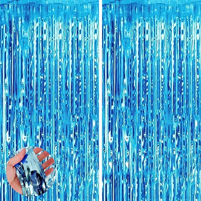 2pcs 3.2ft x 6.5ft Light Blue Foil Curtain Decoration,Blue British Party Backdrops Props 70Years Queen's Platinum Jubilee 2022 Party Decoration Royal Theme Party Union French USA Events Decor
