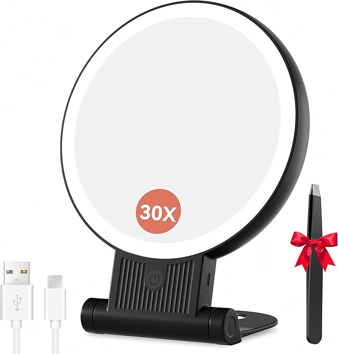 Auxmir 30X Magnifying Mirror, Double Sided 1X /30X Makeup Mirror with Light, Folding Lighted Rechargeable Beauty for Travel, Rotating 3 Color Lights, Dimmable Touch Screen, Black