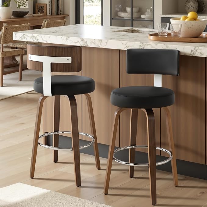 65cm Swivel Bar Stools Set of 2, Faux Leather Kitchen Stools with Back, Walnut Wood Legs, Compact Round Seat, Mid-Century Modern Breakfast Barstools for kitchen counter(Support 150kg)