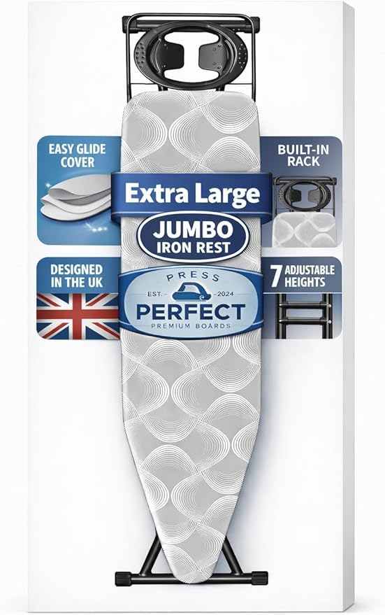 120 x 38cm Folding Ironing Board with Jumbo Iron Rest 7 Adjustable Height Extra Large Steam Iron Rest Foldable Collapsible Folding Metal Iron Ironing Table Rack with Non Slip Feet